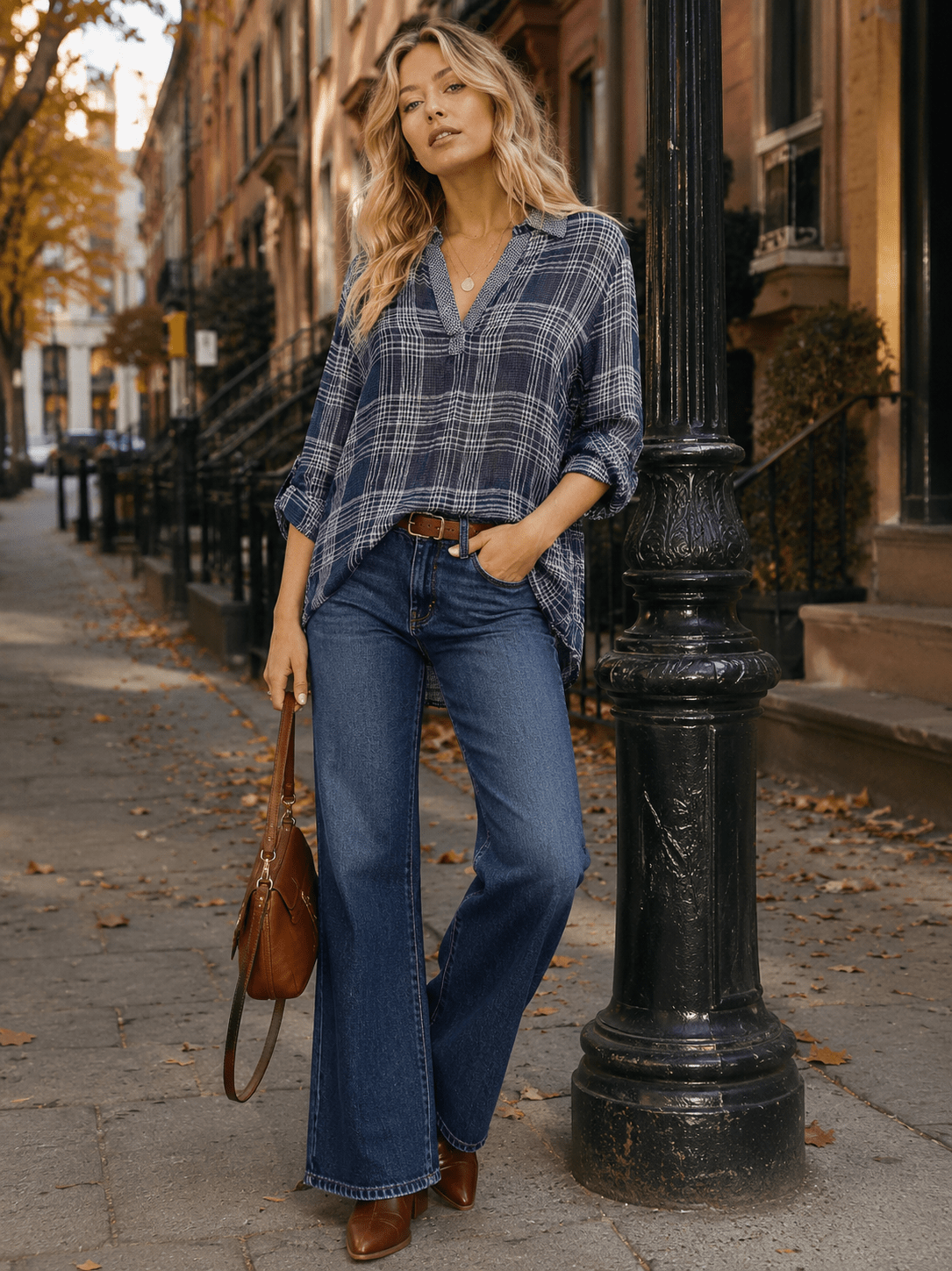 WOMEN'S LONG SLEEVE V-NECK BUTTON UP PLAID SHIRT