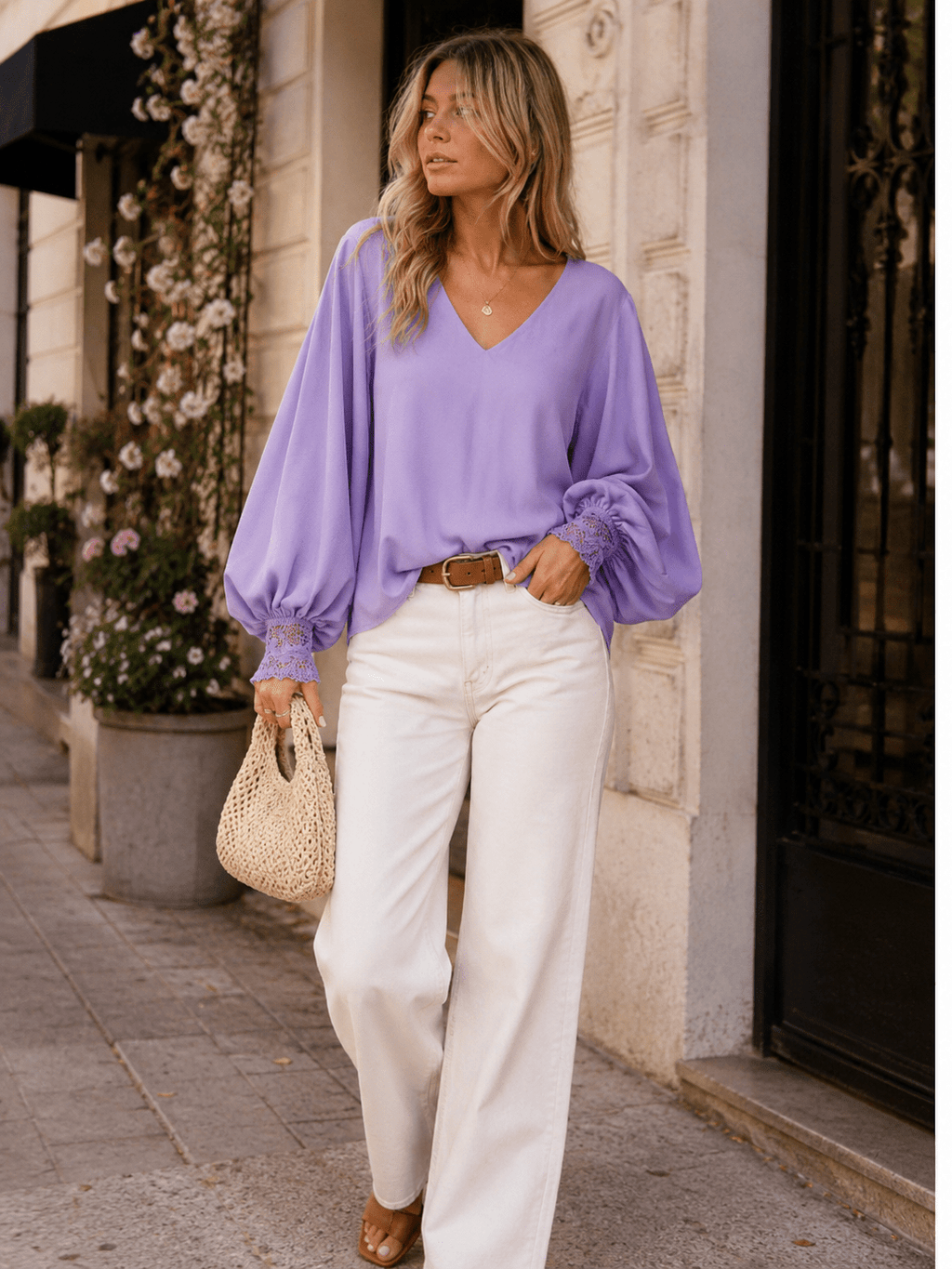WOMEN'S LONG SLEEVE V-NECK CROCHET DETAILED LOOSE FIT BLOUSE