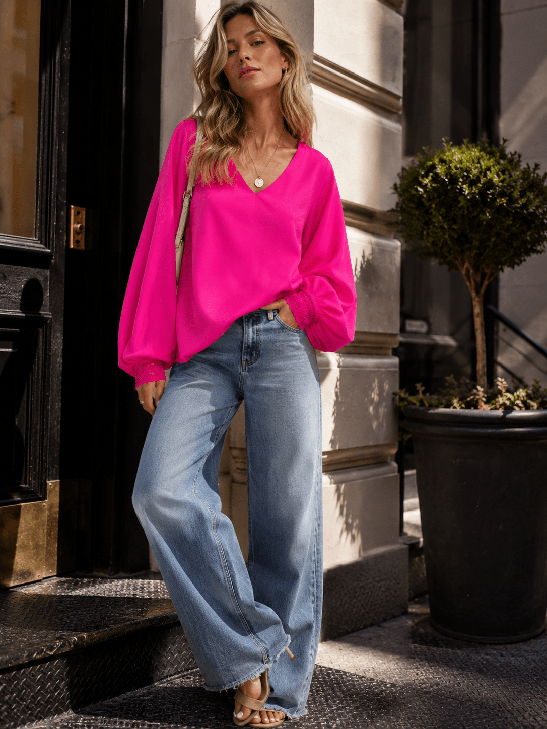 WOMEN'S LONG SLEEVE V-NECK CROCHET DETAILED LOOSE FIT BLOUSE