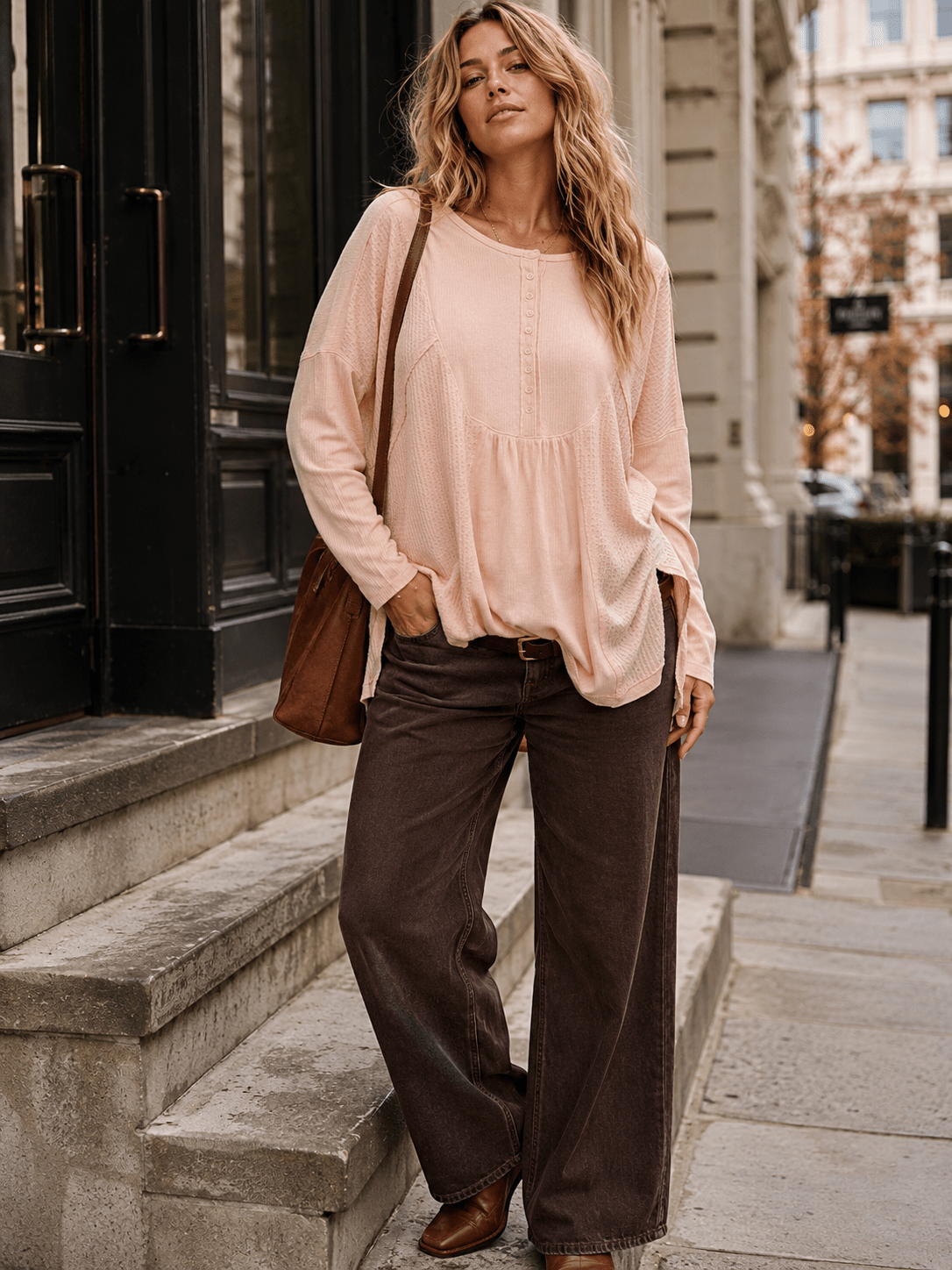 WOMEN'S LONG SLEEVE BUTTON UP HIGH-LOW OVERSIZED CONTRAST TOP