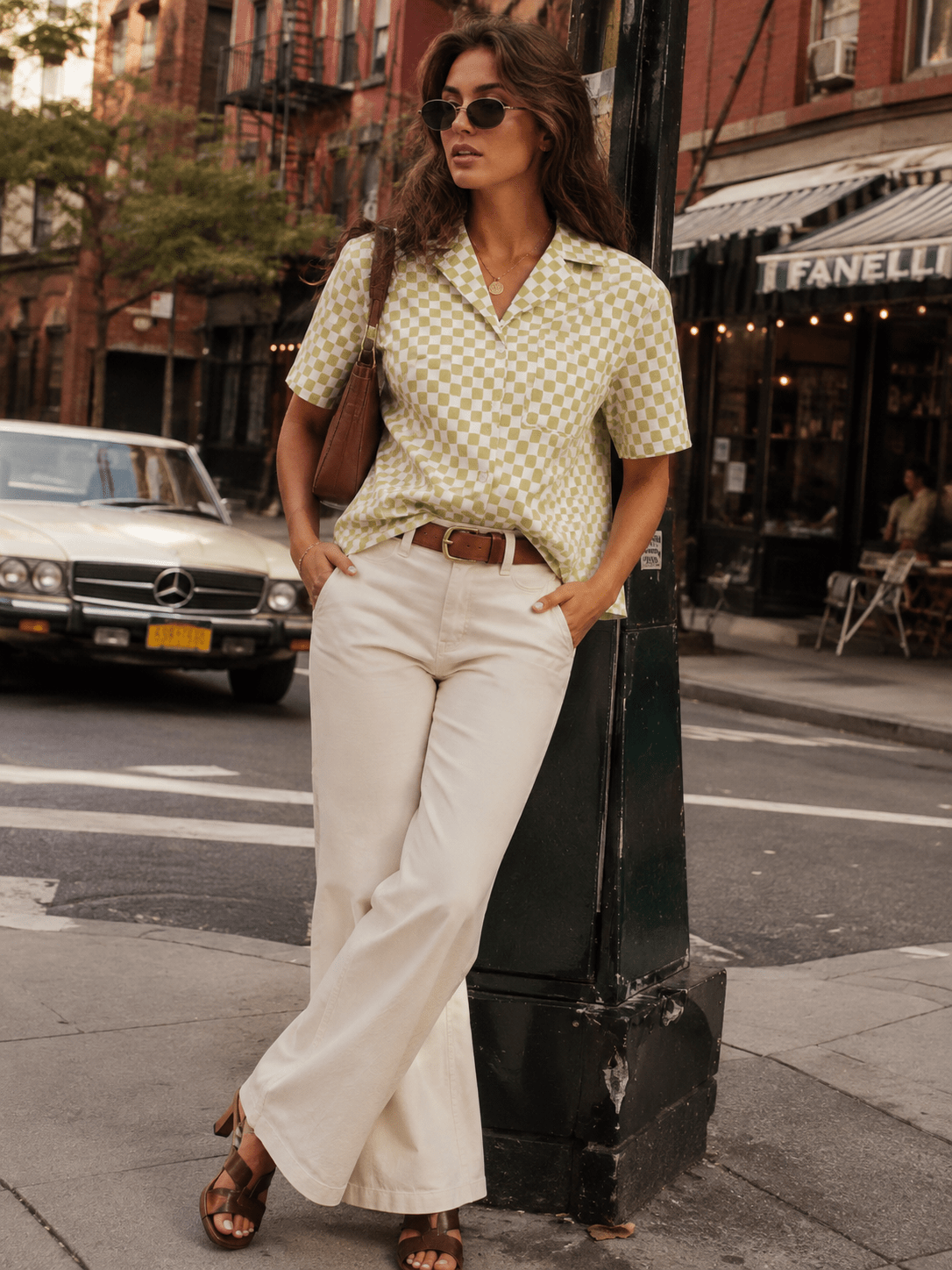WOMEN'S SHORT SLEEVE BUTTON UP FRONT POCKETS CHECKER PRINT LINEN TOP