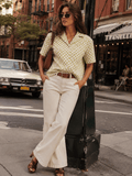 WOMEN'S SHORT SLEEVE BUTTON UP FRONT POCKETS CHECKER PRINT LINEN TOP