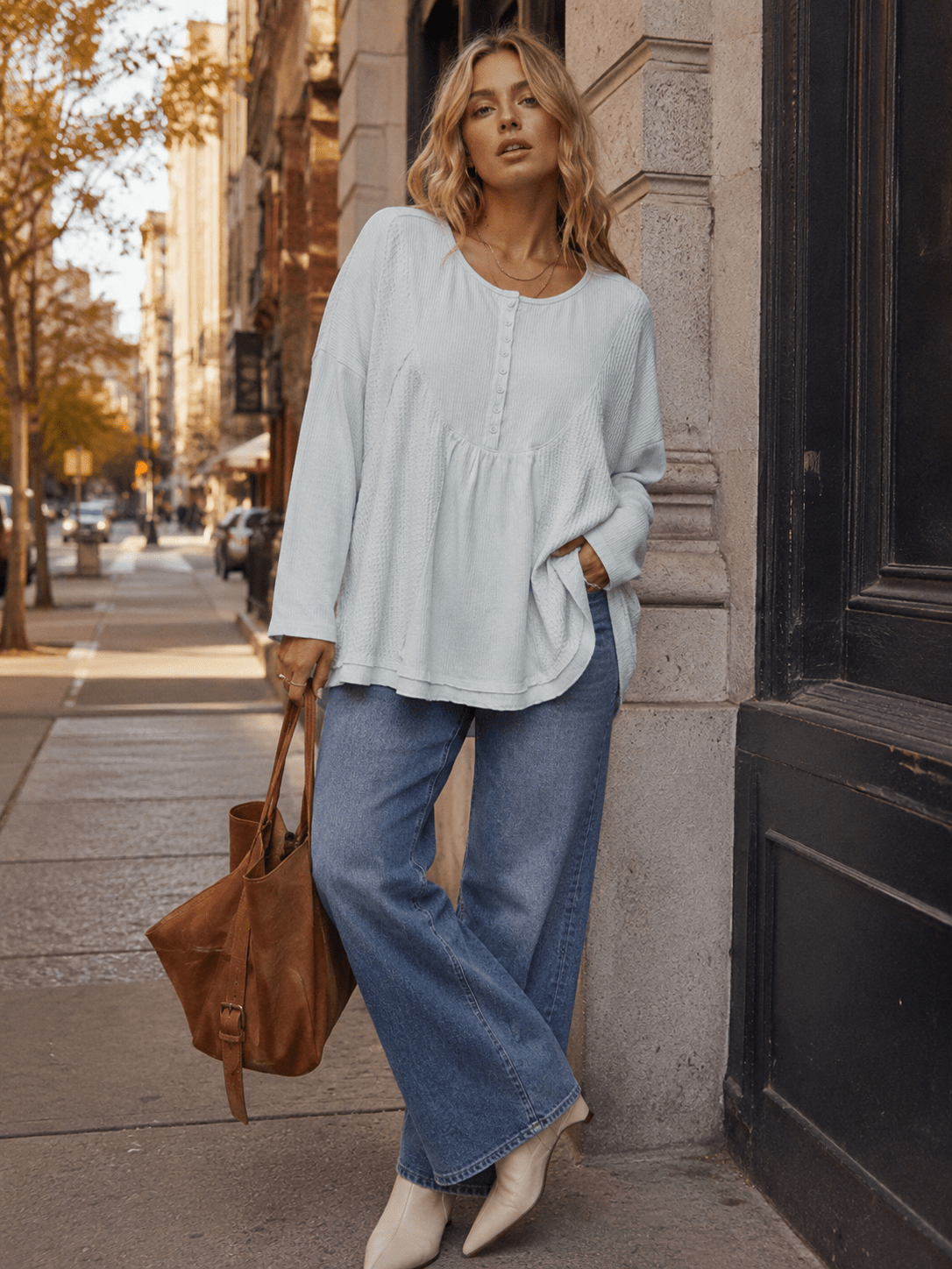 WOMEN'S LONG SLEEVE BUTTON UP HIGH-LOW OVERSIZED CONTRAST TOP