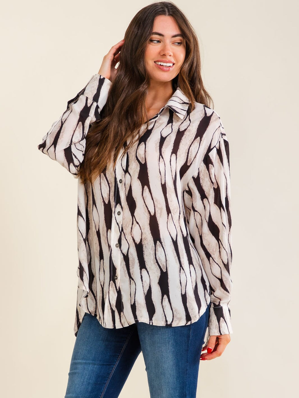 ENTRO WOMEN'S LONG SLEEVE BUTTON UP MULTI PRINT BLOUSE
