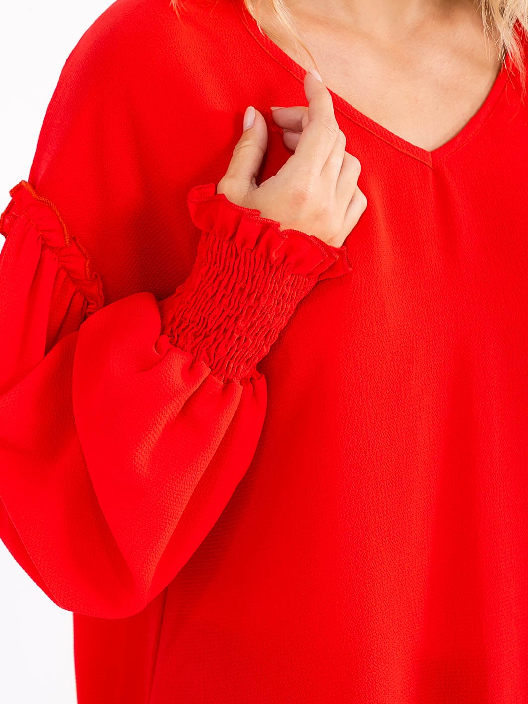 WOMEN'S LONG SLEEVE V-NECK CROCHET DETAILED LOOSE FIT BLOUSE