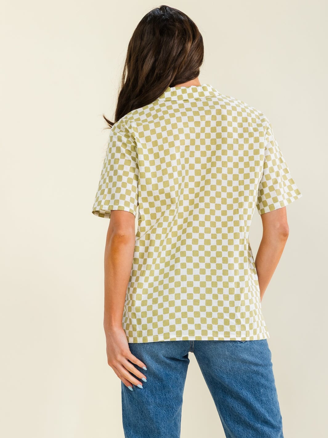 WOMEN'S SHORT SLEEVE BUTTON UP FRONT POCKETS CHECKER PRINT LINEN TOP