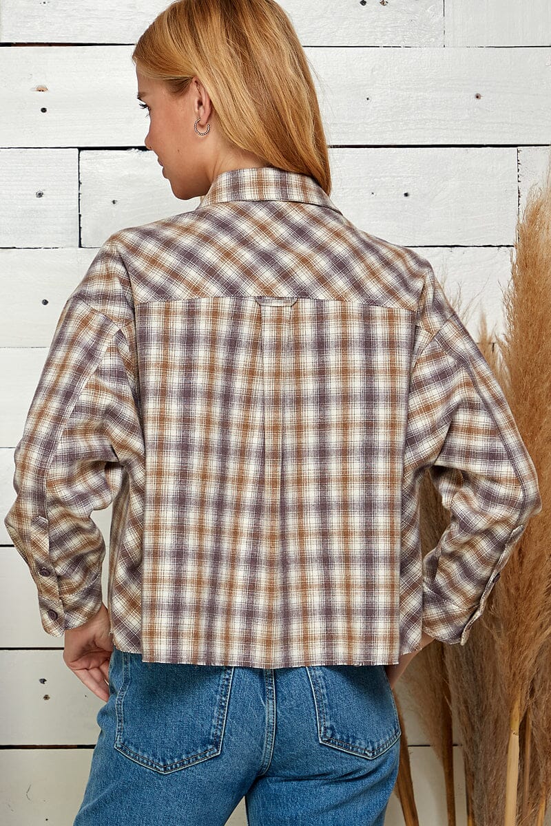 WOMEN'S LONG SLEEVE FRONT POCKETs BUTTON UP PLAID SHIRT