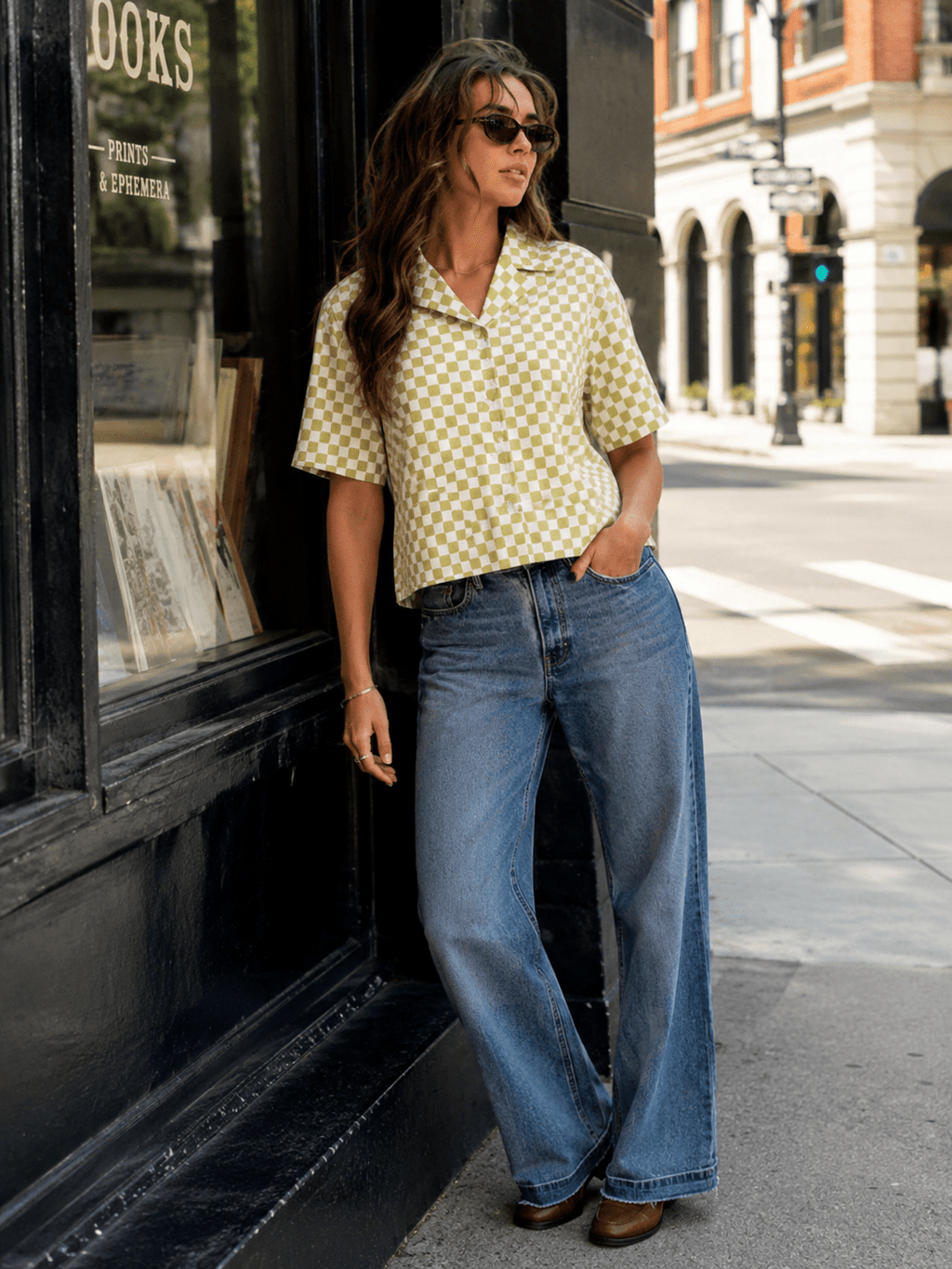 WOMEN'S SHORT SLEEVE BUTTON UP CHECKER PRINT LINEN TOP