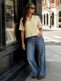 WOMEN'S SHORT SLEEVE BUTTON UP CHECKER PRINT LINEN TOP