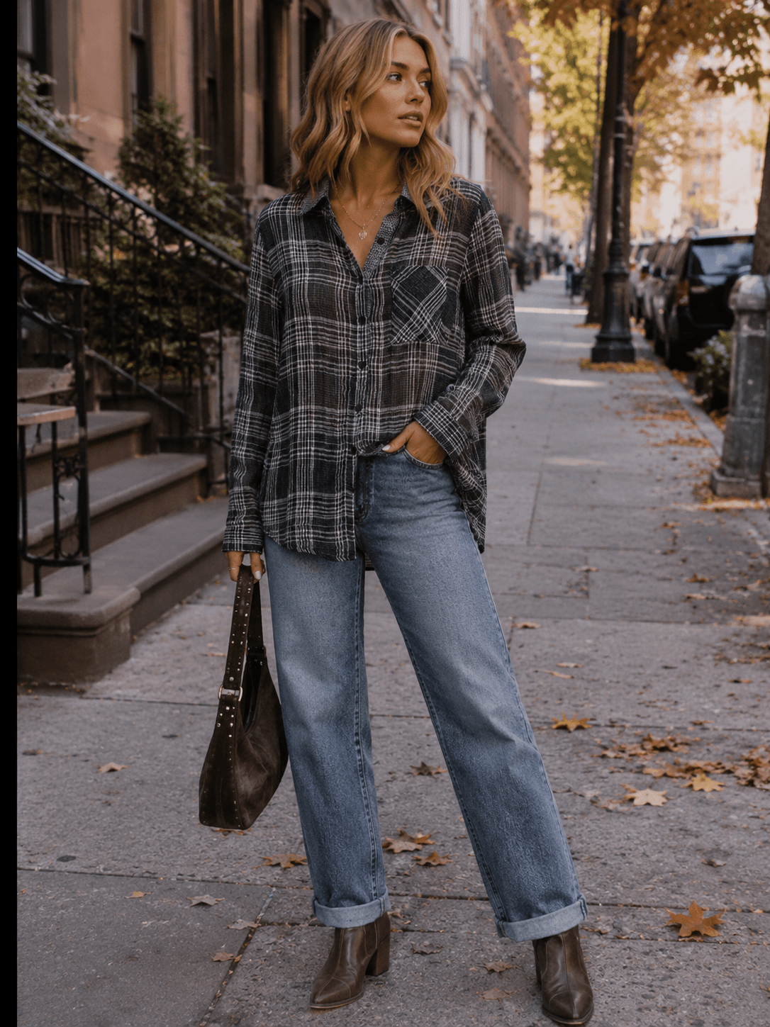 WOMEN'S LONG SLEEVE V-NECK BUTTON UP PLAID SHIRT