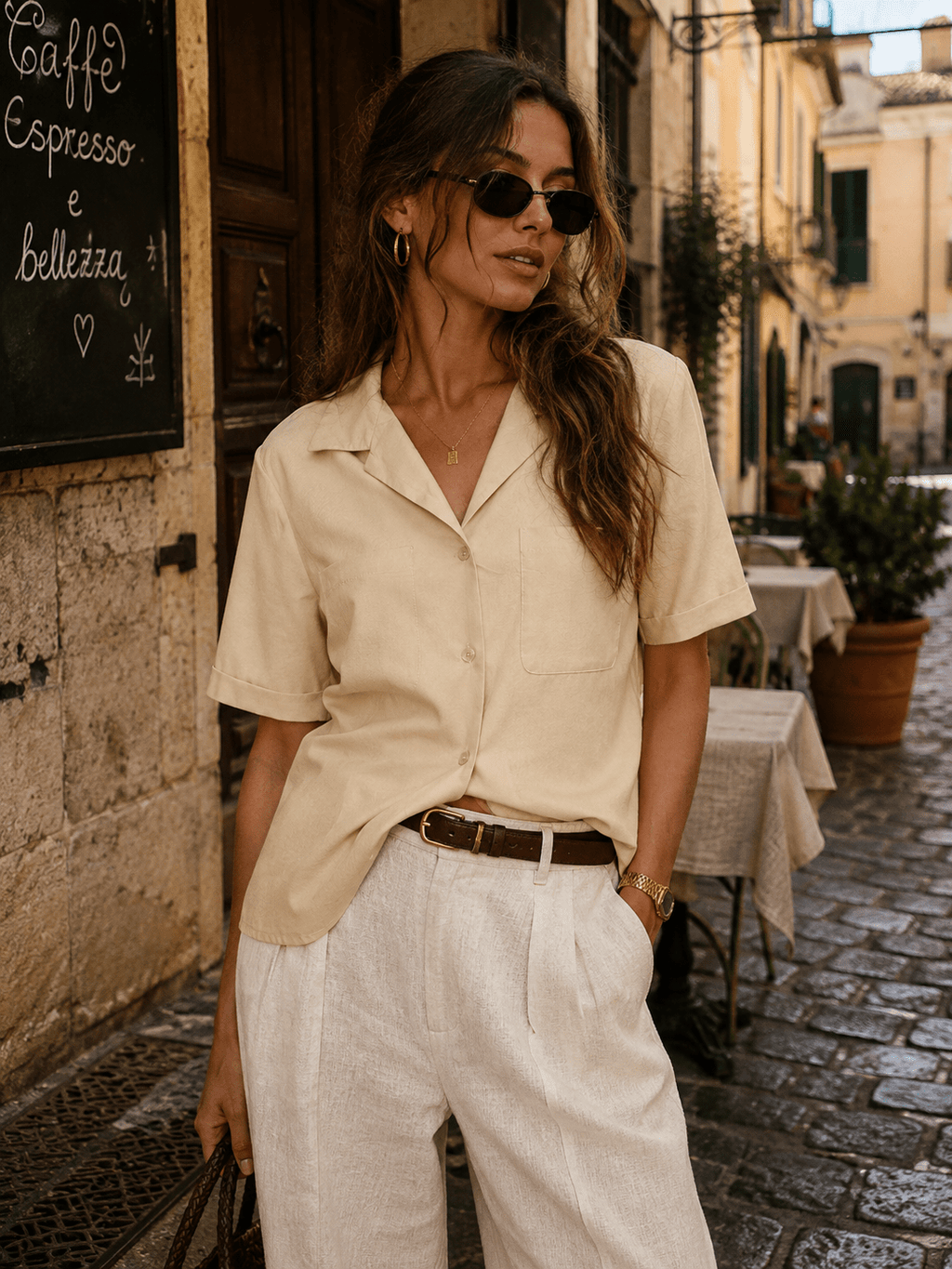 WOMEN'S SHORT SLEEVE BUTTON UP FRONT POCKET BLOUSE