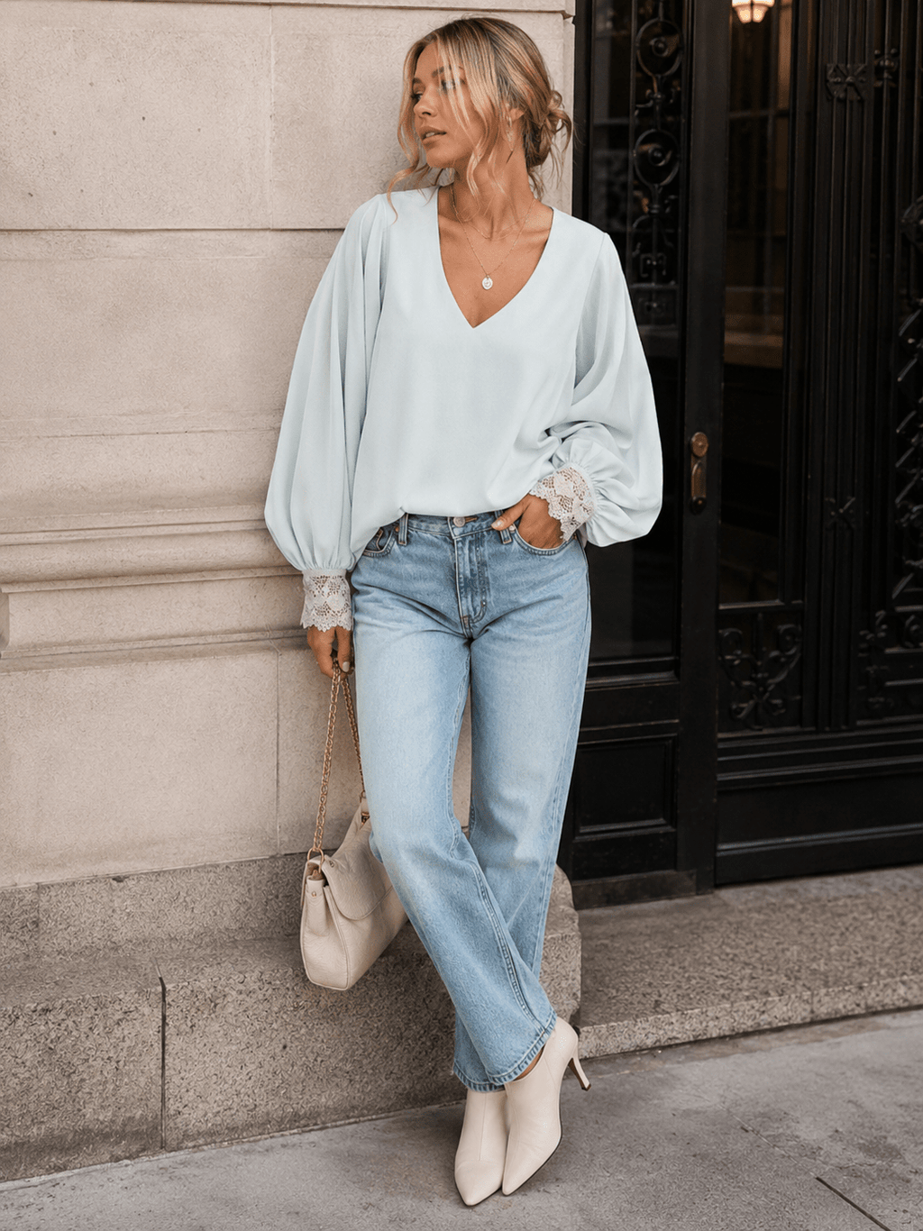 WOMEN'S LONG SLEEVE V-NECK CROCHET DETAILED LOOSE FIT BLOUSE