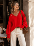 WOMEN'S LONG SLEEVE V-NECK CROCHET DETAILED LOOSE FIT BLOUSE