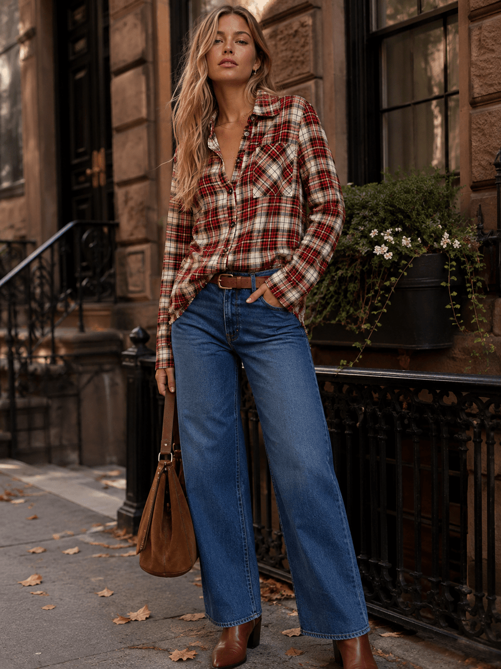 WOMEN'S LONG SLEEVE FRONT POCKET BUTTON UP PLAID SHIRT